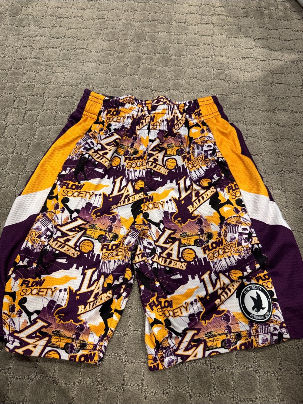 Kids LA-Themed Mesh Basketball Shorts - Purple/Gold/White